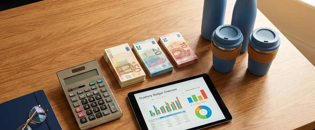 Kantoorbureau met calculator, eurobankbiljetten, tablet met budgetgrafieken en duurzame bedrijfscadeaus zoals waterflessen