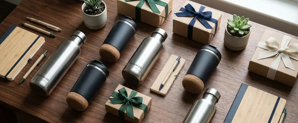 Houten bureau met luxe relatiegeschenken: RVS waterflessen, thermische koffiemokken en duurzame producten in cadeauverpakking