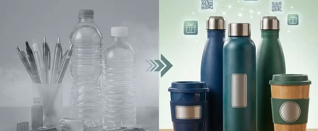 Split-screen vergelijking van traditionele plastic bedrijfsgeschenken links versus duurzame waterflessen en koffiemokken rechts
