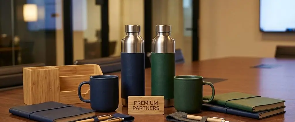 Luxe bedrijfscadeaus op vergadertafel: roestvrijstalen waterflessen, koffiemokken en duurzame kantooraccessoires
