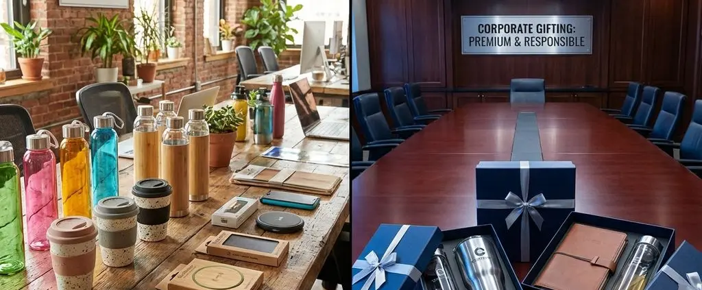 Vergelijking van cadeaus voor startups versus corporate: casual kantoor met eco-producten naast elegante boardroom met luxe items