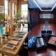Vergelijking van cadeaus voor startups versus corporate: casual kantoor met eco-producten naast elegante boardroom met luxe items