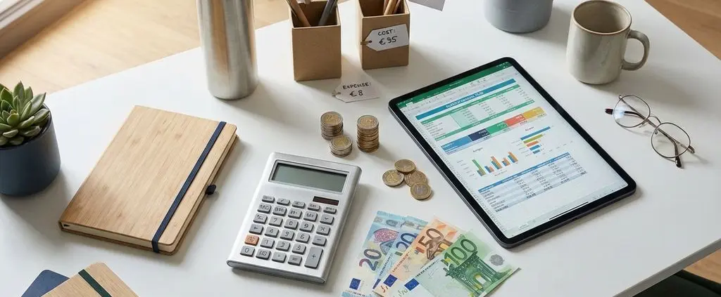 Moderne bureautafel met calculator, eurobankbiljetten en duurzame bedrijfscadeaus zoals bamboe notitieboeken en stalen flessen