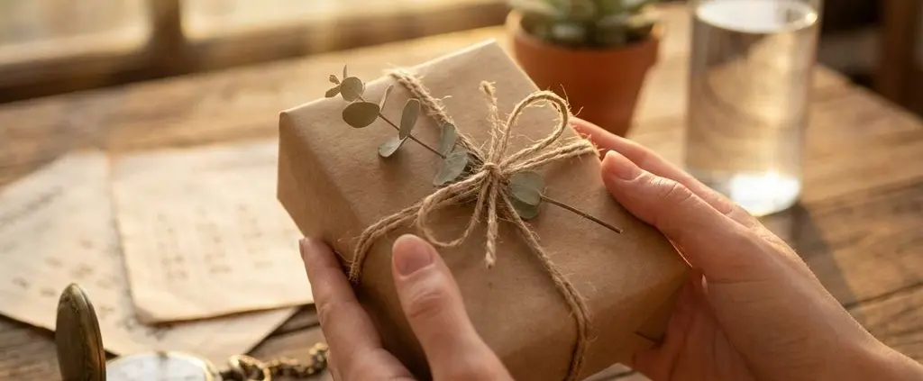 Handen houden cadeaudoos met duurzame kraftpapier verpakking, vintage klok en kalender op houten tafel op achtergrond