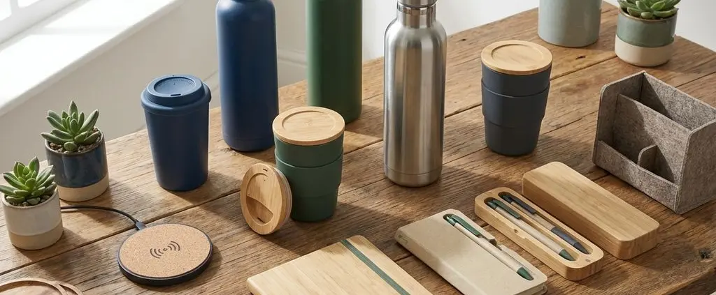 Houten bureau met duurzame cadeaus: herbruikbare waterflessen, koffiemokken en kantooraccessoires met planten
