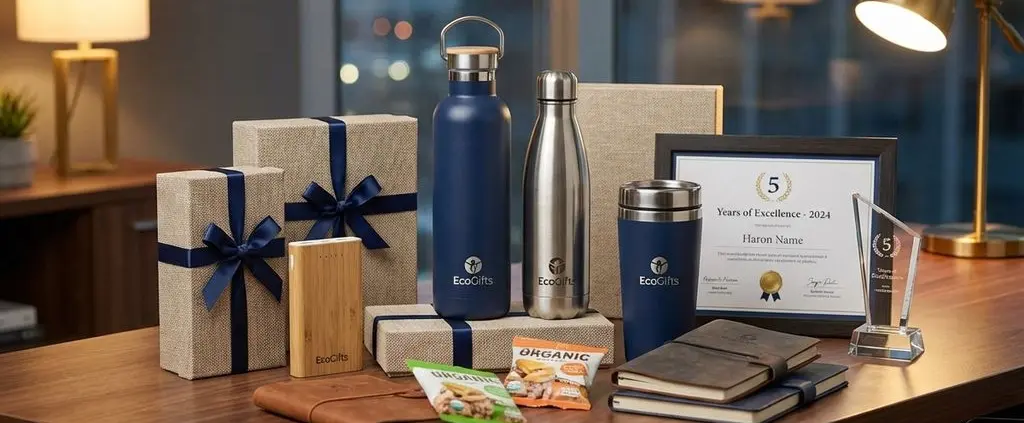 Duurzame relatiegeschenken waaronder roestvrijstalen waterflessen en koffiemokken op houten bureau met cadeaudozen