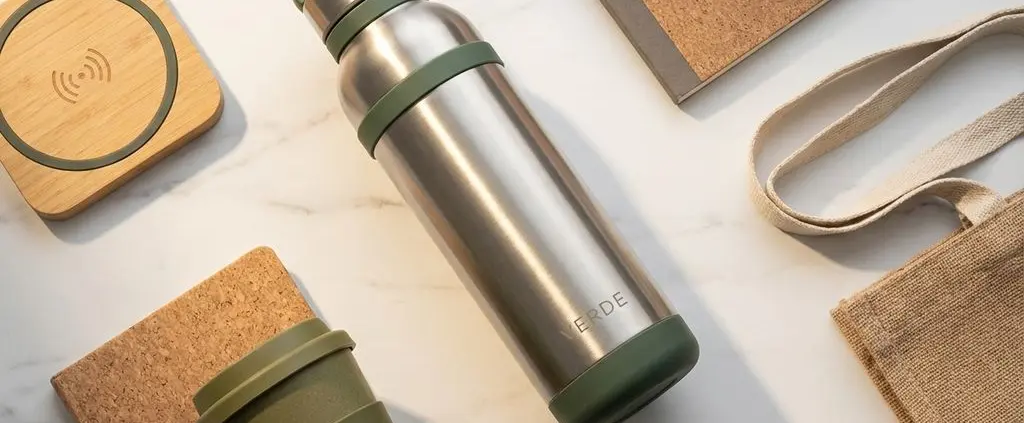 Duurzame relatiegeschenken op marmeren ondergrond: roestvrijstalen waterfles, bamboe accessoires en herbruikbare bekers