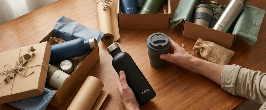 Houten bureau met duurzame cadeaus: RVS waterflessen, koffiemokken en eco-verpakkingen, handen selecteren items