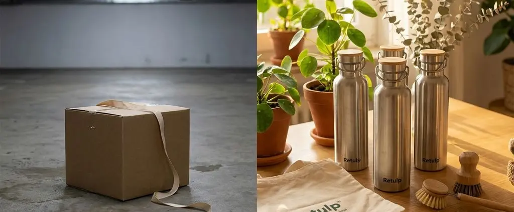 Split-screen vergelijking: kale geschenkdoos links versus duurzame Retulp waterflessen en eco-producten rechts in warme setting