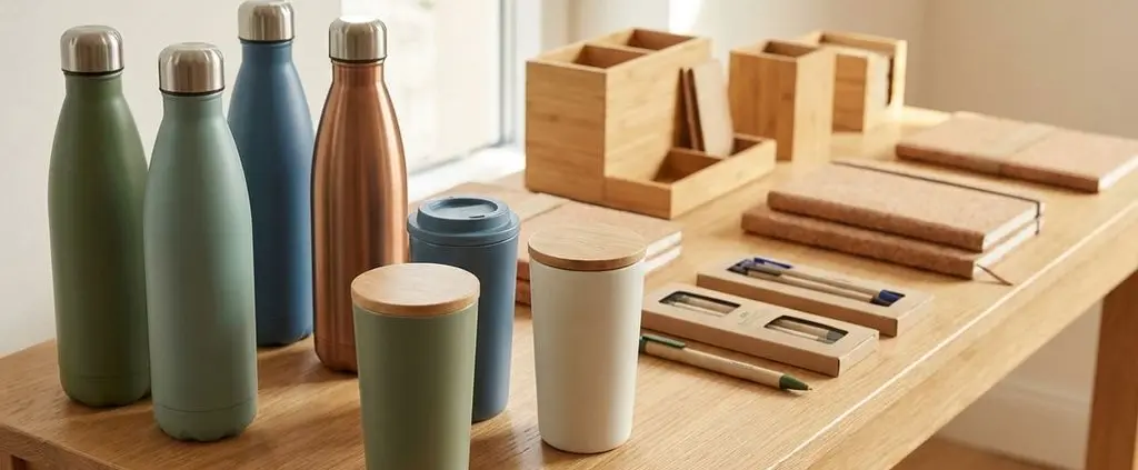 Duurzame cadeaus op houten tafel: herbruikbare waterflessen, thermosbekers en eco-vriendelijke kantoorartikelen