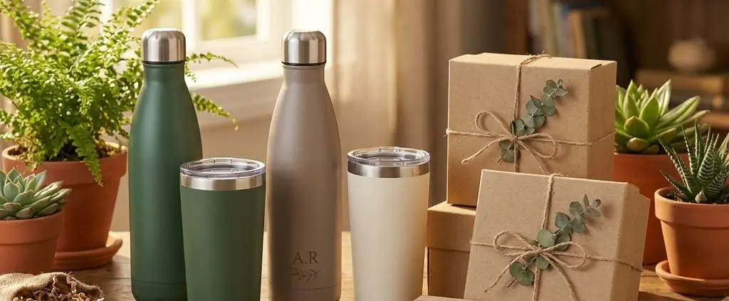 Duurzame cadeauartikelen met roestvrijstalen waterflessen en thermosbekers op houten oppervlak met natuurlijke verlichting