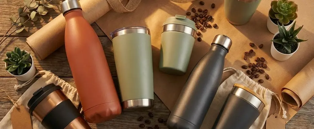 Duurzame drinkware cadeauset met roestvrijstalen flessen en koffiemokken op rustieke houten ondergrond met natuurlijke decoratie.