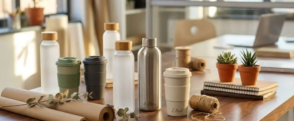 Gepersonaliseerde duurzame waterflessen en koffiemokken op houten bureau met eco-vriendelijke cadeauverpakking