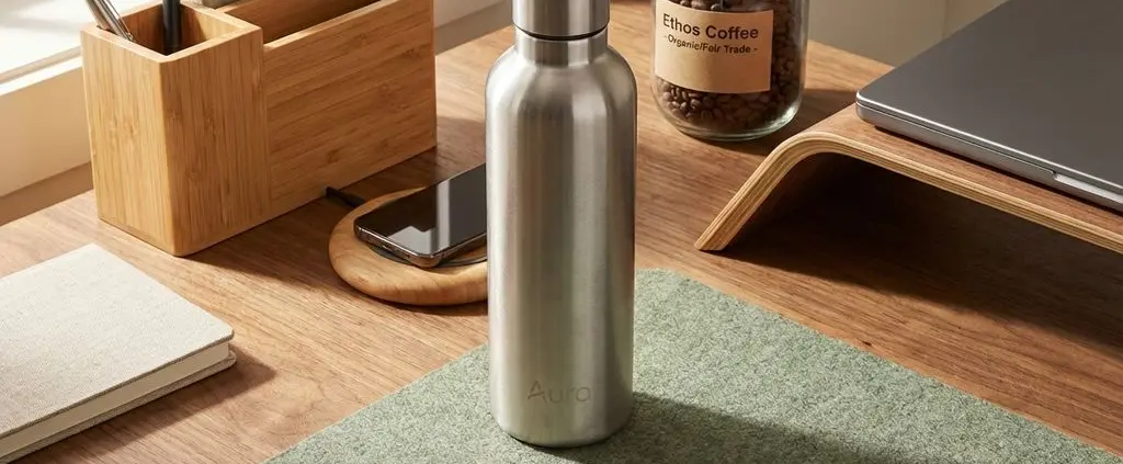 Bovenaanzicht van moderne thuiswerkplek met duurzame bedrijfscadeaus: bamboe organizer, waterfles en laptop standaard