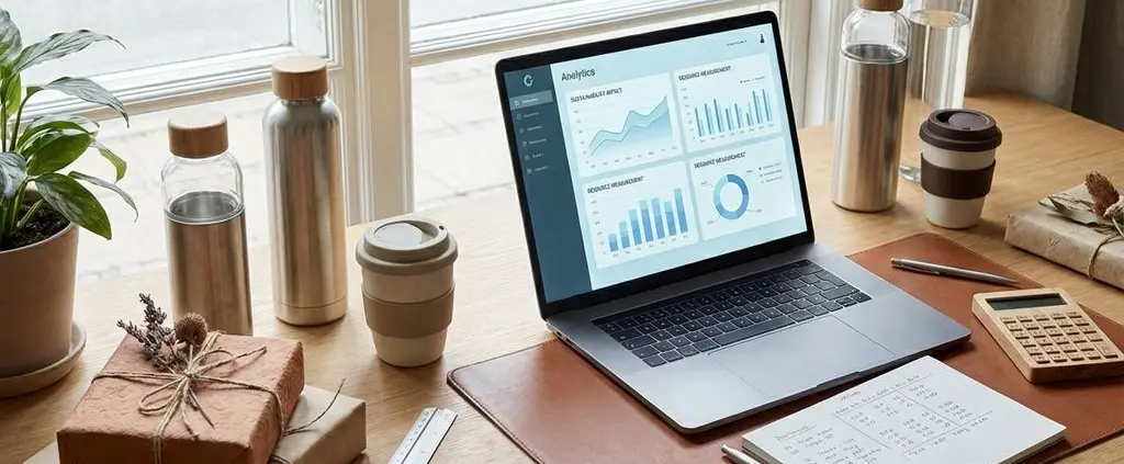 Duurzame waterflessen en koffiemokken op houten bureau met analytics dashboard op laptop en zakelijke cadeaus