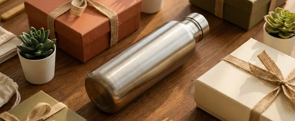 Duurzame cadeauset met RVS waterfles, eco-vriendelijke geschenkdozen en bamboe accessoires op houten ondergrond