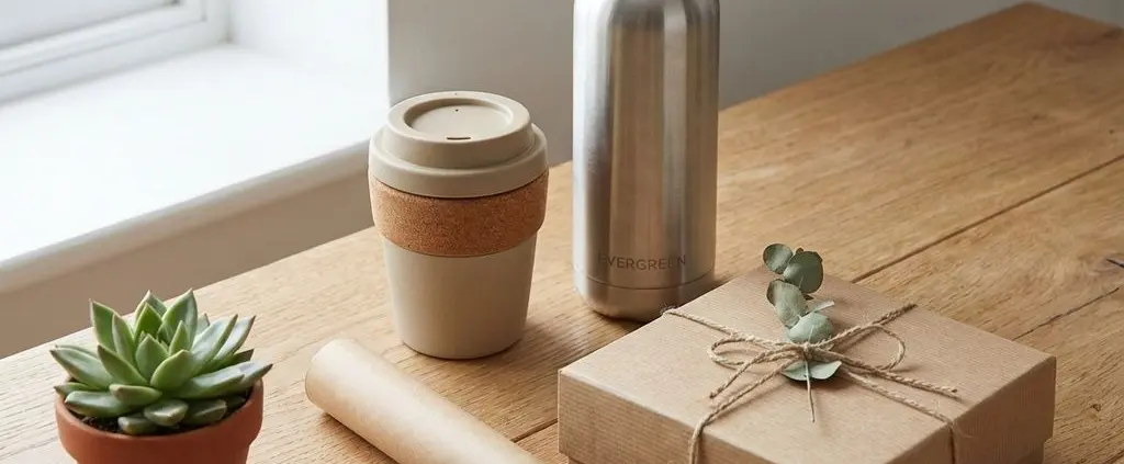 Duurzame relatiegeschenken op houten bureau: RVS waterfles, herbruikbare koffiebeker en eco-vriendelijke verpakking