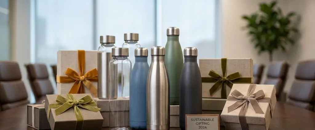 Duurzame relatiegeschenken met premium waterflessen op houten vergadertafel met elegante cadeauverpakking