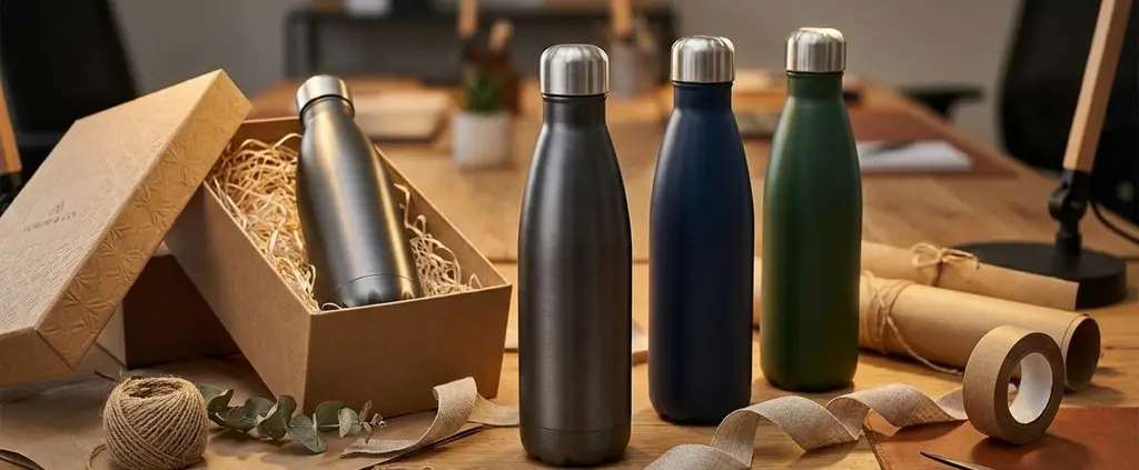 Elegante roestvrijstalen waterflessen als cadeau gerangschikt op houten bureau met luxe verpakkingsmaterialen