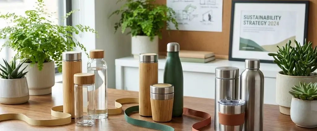 Duurzame waterflessen en herbruikbare bekers gegroepeerd op houten bureau met kleurrijke linten en groene planten