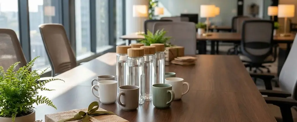 Duurzame waterflessen en koffiemokken op houten vergadertafel met cadeaus en planten in modern kantoor