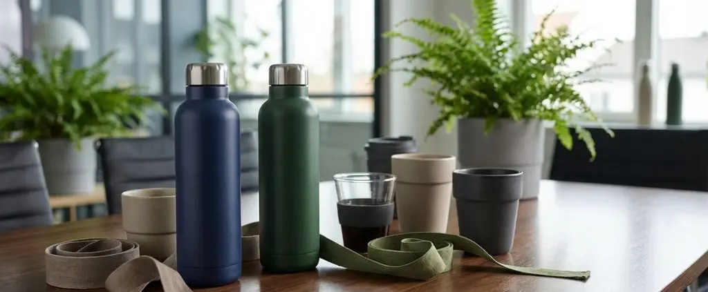 Duurzame waterflessen en koffiebekers in blauw en groen op houten vergadertafel in modern kantoor met planten