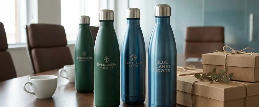 Premium duurzame waterflessen en koffiemokken in groen en blauw op houten bestuurstafel met cadeauverpakking