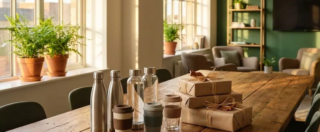 Duurzame waterflessen en koffiemokken op houten vergadertafel met cadeaus en planten in modern kantoor