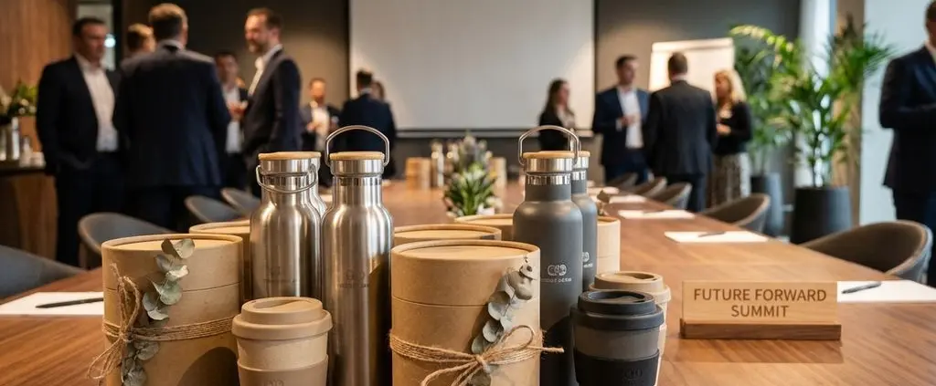 Duurzame zakelijke geschenken op moderne vergadertafel: herbruikbare flessen, koffiebekers en eco-vriendelijke dozen
