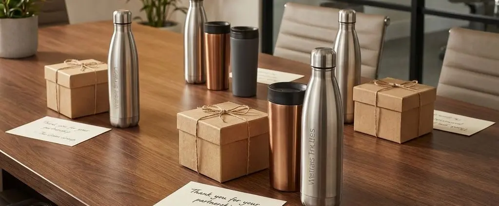 Duurzame bedrijfsgeschenken op houten vergadertafel: thermobekers, waterflessen en eco-vriendelijke geschenkdozen