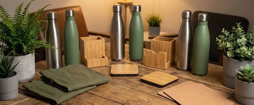 Duurzame zakelijke cadeaus waaronder herbruikbare flessen, bamboe accessoires en katoenen tassen op houten tafel