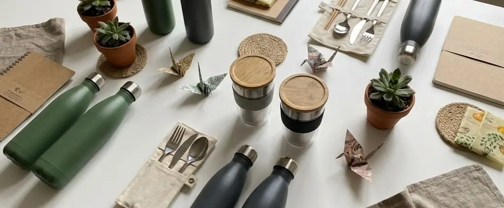 Duurzame relatiegeschenken van bovenaf gefotografeerd: herbruikbare waterflessen, koffiemokken en eco-producten op wit oppervlak