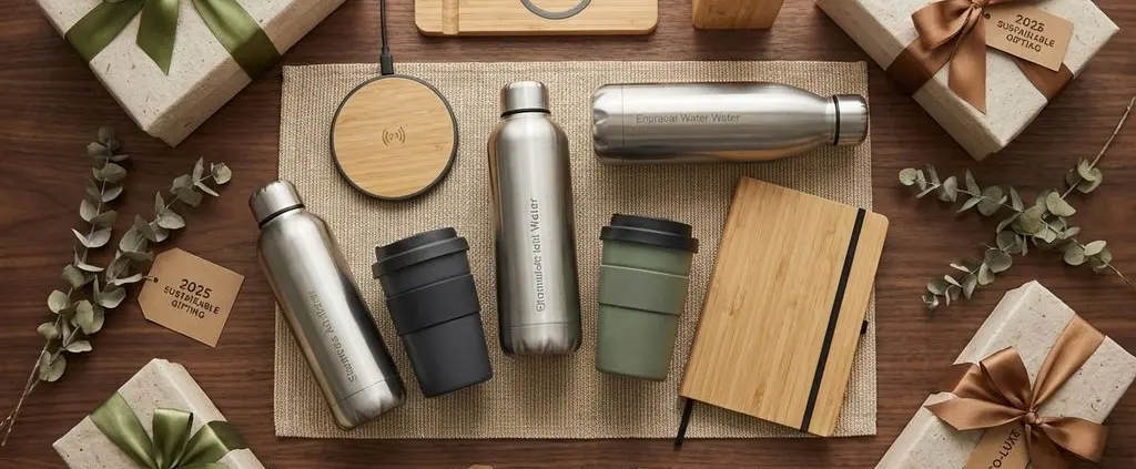 Houten bureau met duurzame relatiegeschenken: RVS waterflessen, koffiemokken en bamboe accessoires in luxe verpakking
