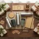 Houten bureau met duurzame relatiegeschenken: RVS waterflessen, koffiemokken en bamboe accessoires in luxe verpakking