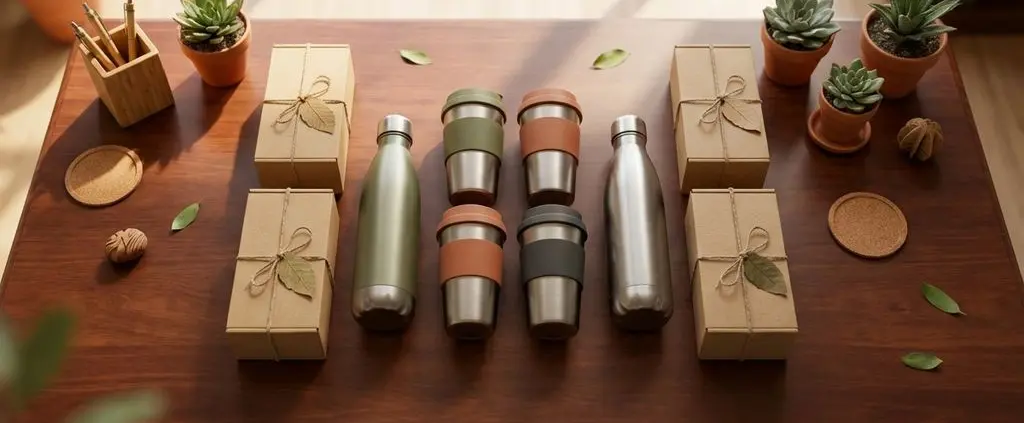 Luchtfoto van houten bureau met duurzame cadeaus: roestvrijstalen flessen, koffiebekers en eco-vriendelijke dozen met planten