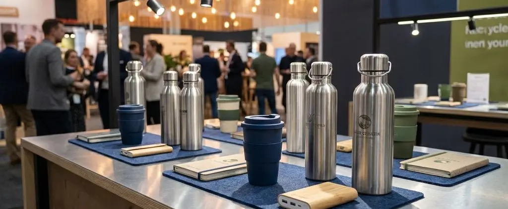 Duurzame zakelijke cadeaus zoals herbruikbare drinkflessen en koffiemokken op moderne beurstafel met sfeerverlichting