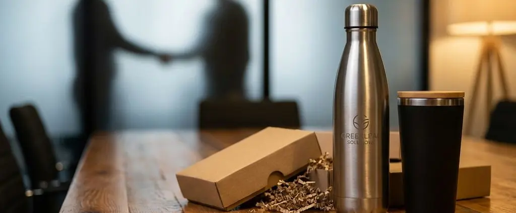 Elegante houten bestuurstafel met duurzame relatiegeschenken: RVS waterflessen en thermische koffiemokken in warme tinten