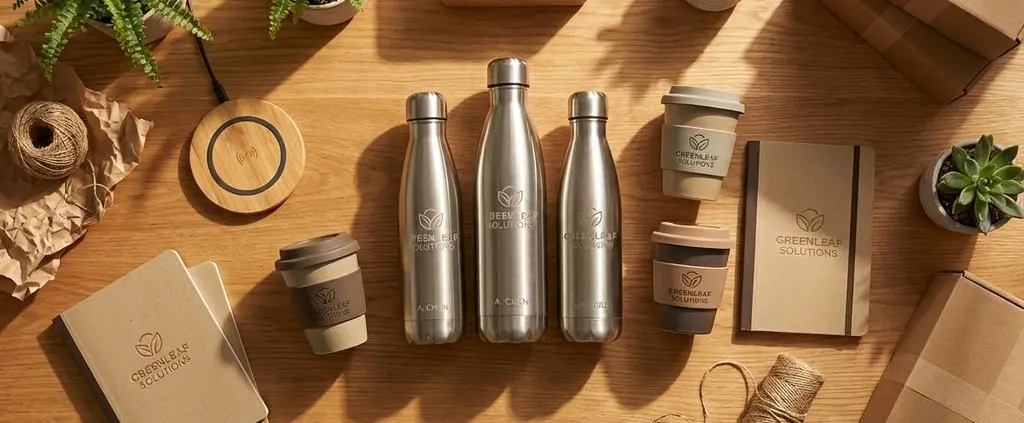 Elegante houten bureau met gepersonaliseerde duurzame relatiegeschenken: gegraveerde waterflessen en koffiemokken