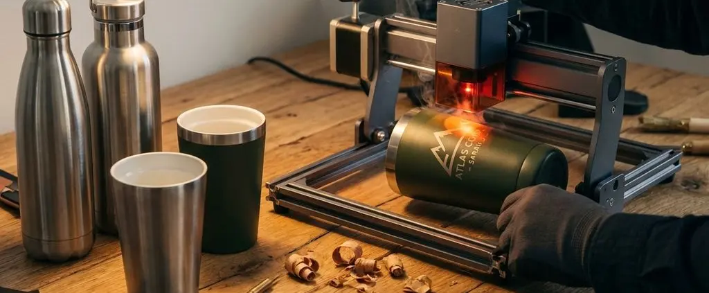 Laser gravure apparatuur personaliseert premium RVS waterflessen en mokken met logo's op houten bureau