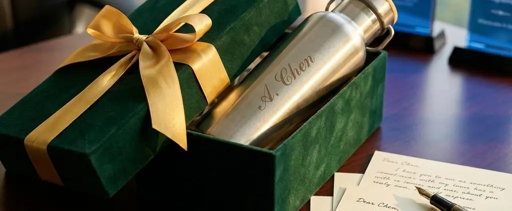 Luxe cadeauset met gegraveerde roestvrijstalen waterfles in open geschenkdoos, handgeschreven kaarten op houten bureau