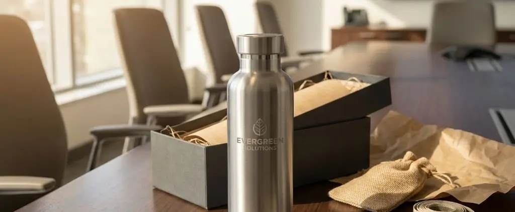 Hoogwaardige herbruikbare waterfles van roestvrij staal op houten vergadertafel als duurzaam bedrijfscadeau