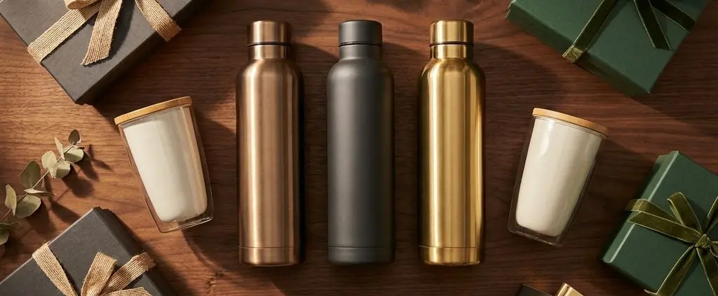 Luxe bedrijfscadeaus op houten bureau: herbruikbare waterflessen, thermosbekers en duurzame geschenkdozen in groen en goud