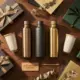 Luxe bedrijfscadeaus op houten bureau: herbruikbare waterflessen, thermosbekers en duurzame geschenkdozen in groen en goud