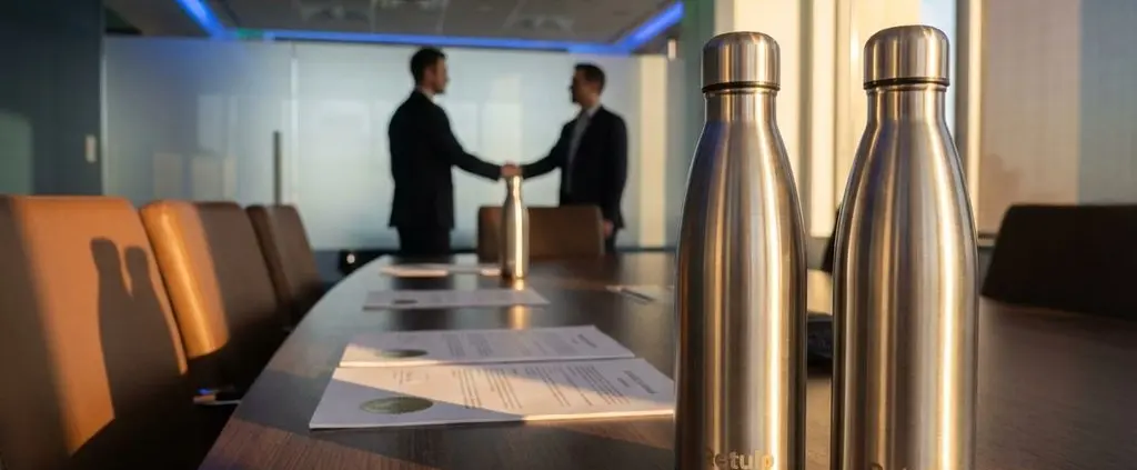 Twee Retulp roestvrijstalen waterflessen op een elegante bestuurskamertafel met juridische documenten en warme verlichting
