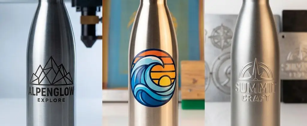 Drie roestvrijstalen waterflessen met lasergravure, zeefdruk en reliëf customisatie technieken op witte ondergrond