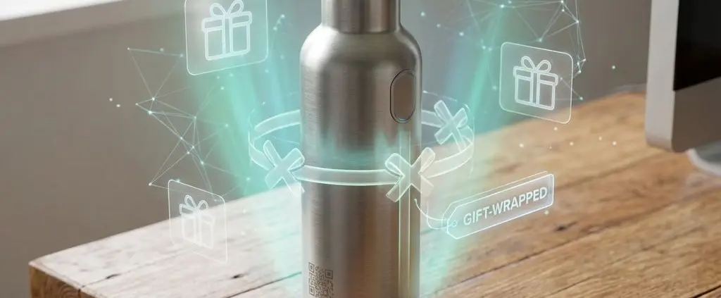 Moderne duurzame waterfles met LED-indicatoren en QR-code op houten bureau met holografische geschenkiconen en blauwe verlichting