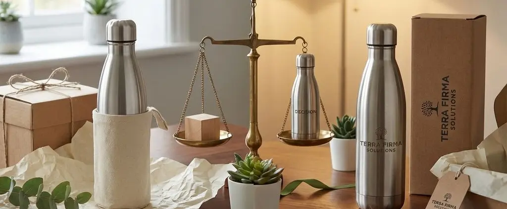 Twee roestvrijstalen waterflessen op houten tafel, links zonder logo, rechts met bedrijfslogo, weegschaal ertussen
