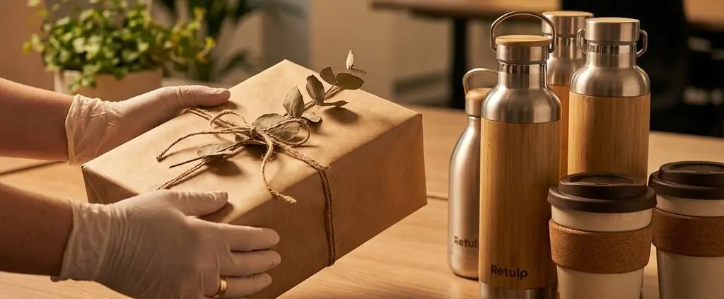 Elegante handen presenteren cadeauverpakking op modern bureau met duurzame herbruikbare flessen en bekers