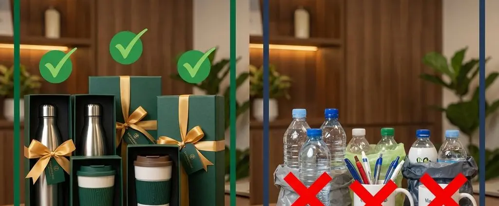 Zakelijke cadeaus vergelijking: duurzame waterflessen en koffiemokken versus goedkope plastic items in luxe verpakking