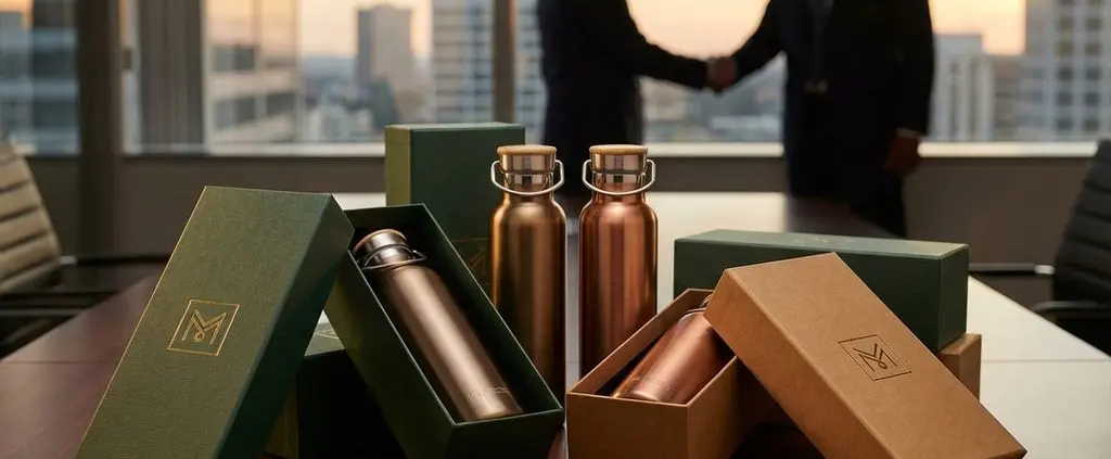 Luxe zakelijke cadeaudozen met duurzame waterflessen op houten vergadertafel, handdruk op achtergrond